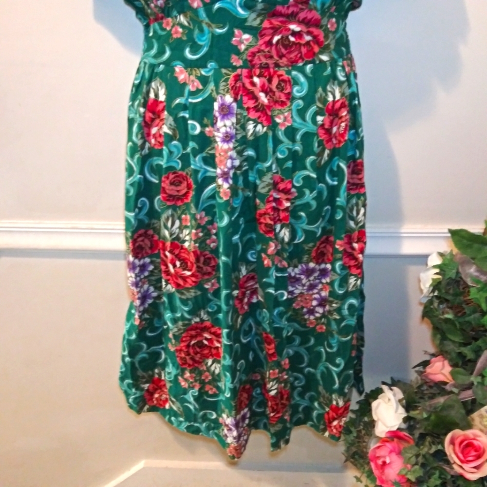 Miss Dorby Vintage 1980's Teal Burgundy & Purple Floral  Cottagecore Style Dress - Picture 3 of 14